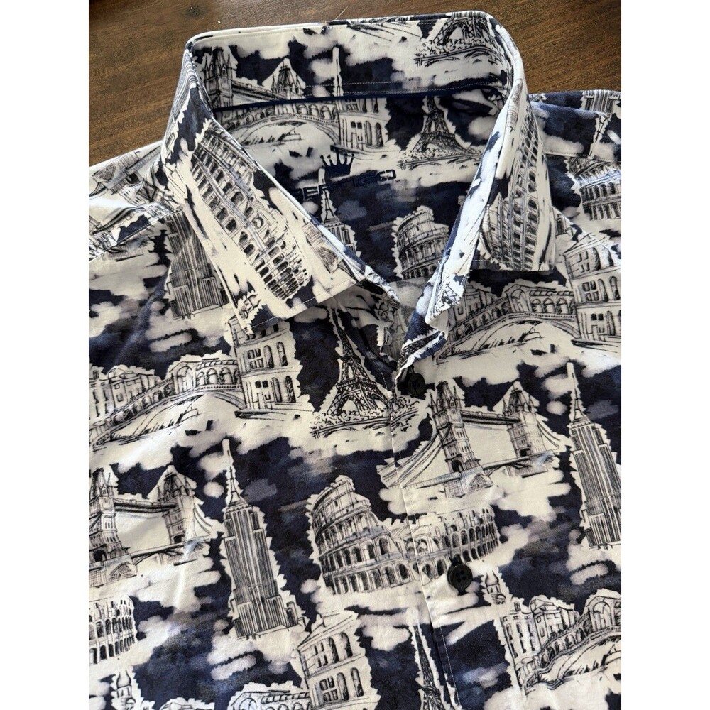 BERTIGO Shirt Mens M Blue Graphic Paris Rome Short Sleeve Button Up Vacation
